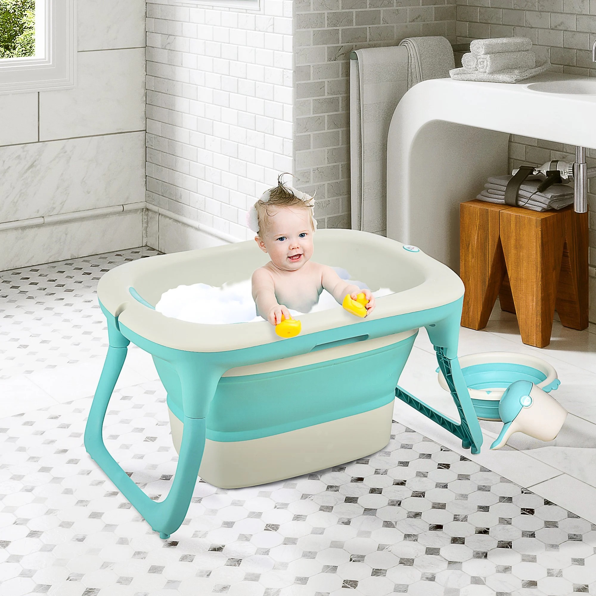 Babybadewanne mit 4 Teilen faltbare Babywanne Badewanne Kunststoff 2 Farben 